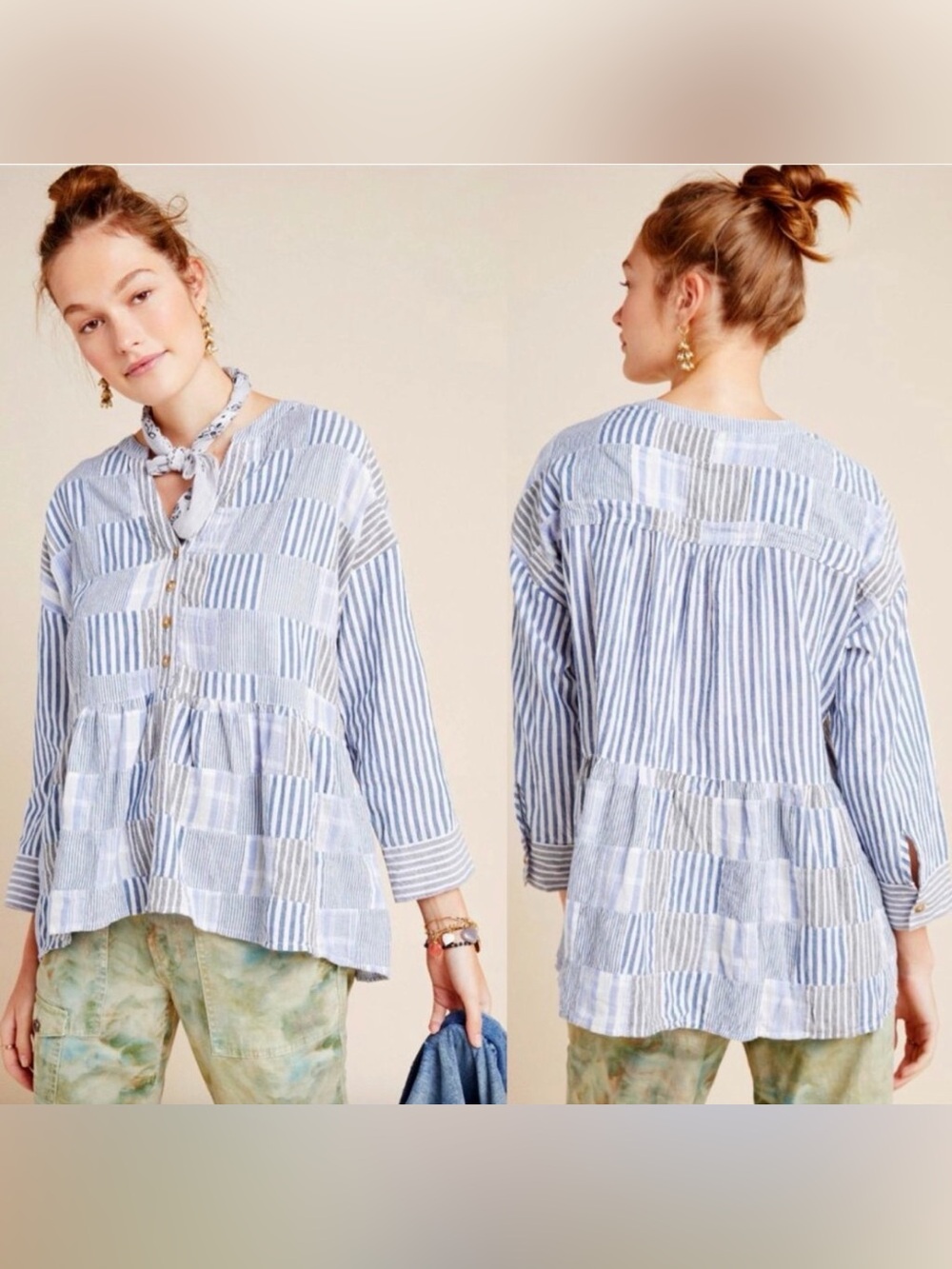 Anthropologie Maeve Blue White Striped Patchwork Peplum Blouse